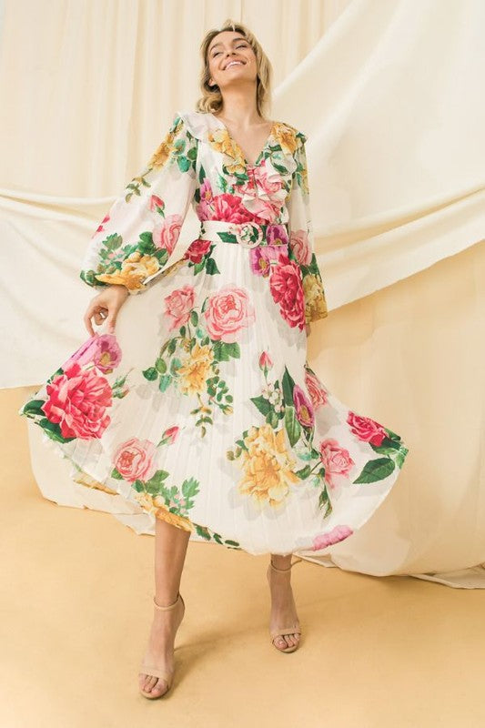 Floral Midi Dress with Pleats