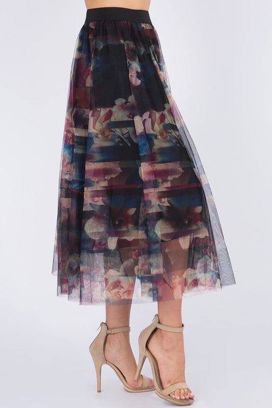 ABSTRACT FLORAL PRINT TULLE MULTI LAYER MIDI SKIRT