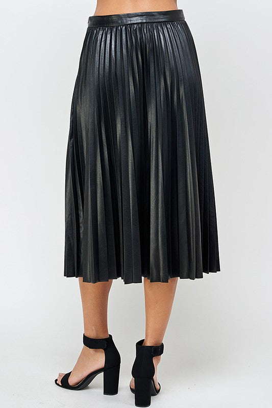 Pleated Midi Vegan Leather Skirt