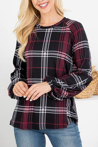 ROUND NECK and BUBBLE SLEEVE PLAID TOP