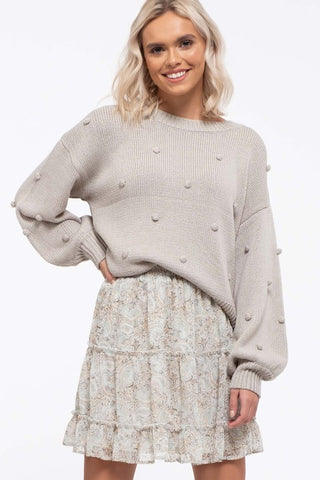 POM POM KNITTED SWEATER WITH BALLON SLEEVES
