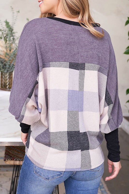 Dolman Sleeve Plaid Patterned Contrast Top