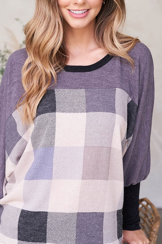 Dolman Sleeve Plaid Patterned Contrast Top