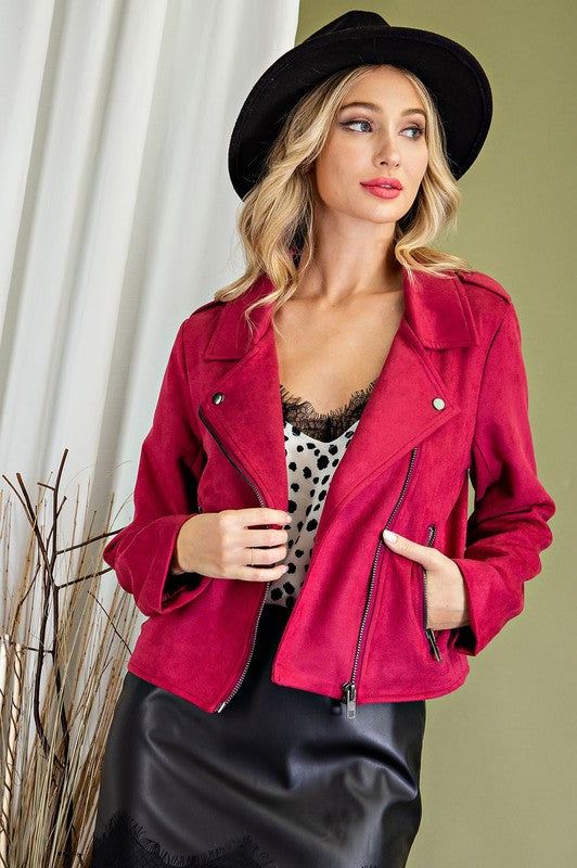FAUX SUEDE MOTO JACKET WITH POCKETS