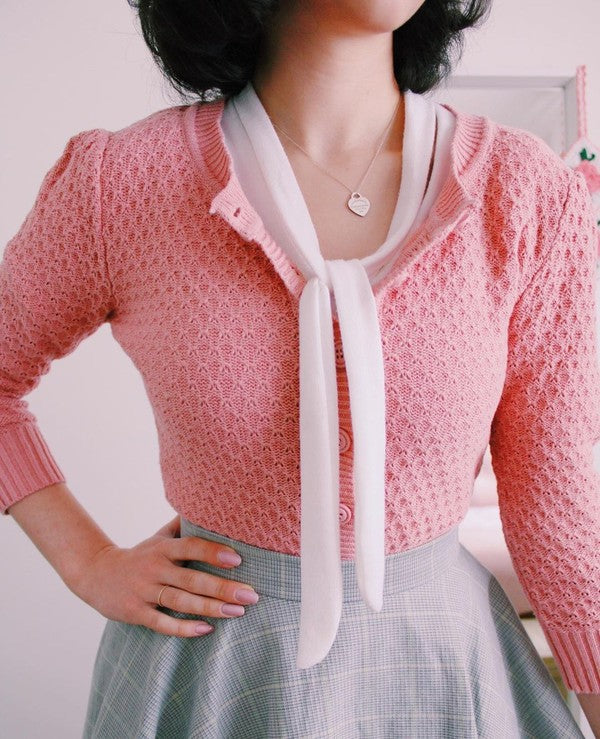 3/4 Sleeve Cute Pattern Cropped Cardigan Sweater
