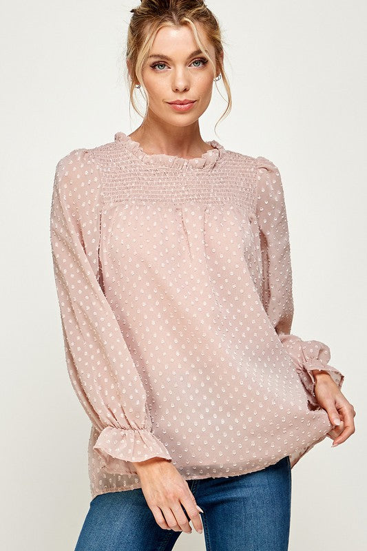 Dot Textured Smocked Casual Top